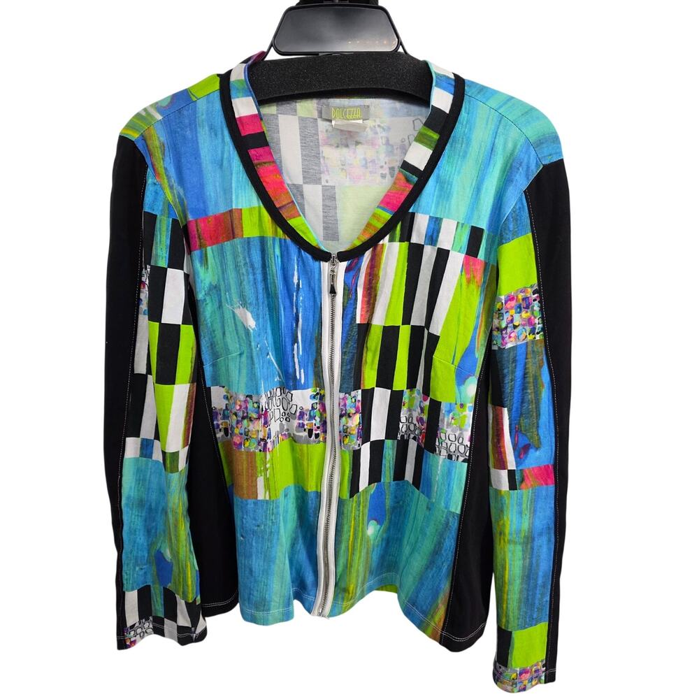 Dolcezza Front Zip Jacket Artsy Abstract Multicolor Blue Green Black Size XXL
